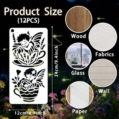 12 Sheets Teacup Fairy Stencils for Painting, 12 Styles Plastic Tea Time Drawing Template Flower Wing Butterfly Art Templates for Painting on Wall Wood Home Decor - style: Teacup Fairy