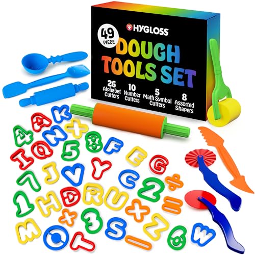 Hygloss 49 Pcs Dough Tools Set – Dough Cutters + Numbers & Alphabet Cutters Set – Educational Modeling Clay Tools – Preschool Toys & Toddler Activities – Arts & Crafts for Kids Ages 3-5 - color: Cutter Tools + ABCs Numbers (49 pcs.)