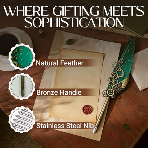 Joyeee Green Quill Pen and Ink Set, including Punk Mechanical Style Feather Pen, Black Ink, Pen Holder, Gift Box, Fancy Writing Pen Calligraphy Kit for Writing Lovers to Creative Hand Lettering - color: Green Feather Pen Set