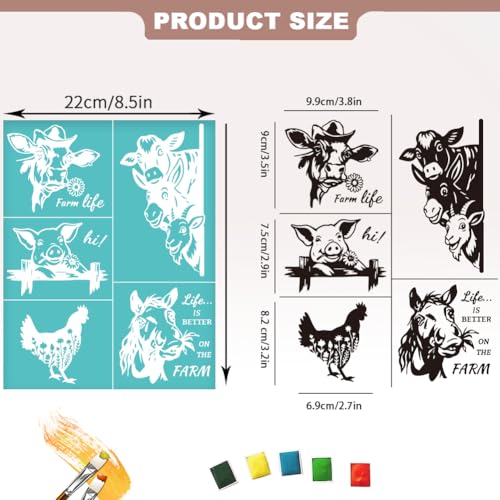 2 Sheets Farm Animals Silkscreen Stencil, Humorous Pig Cow Chicken Sheep Reusable Stencils Templates Self-Adhesive Silk Screen Printing for Wall Border Wood Fabric Home Craft Decor - style: Farm Animals