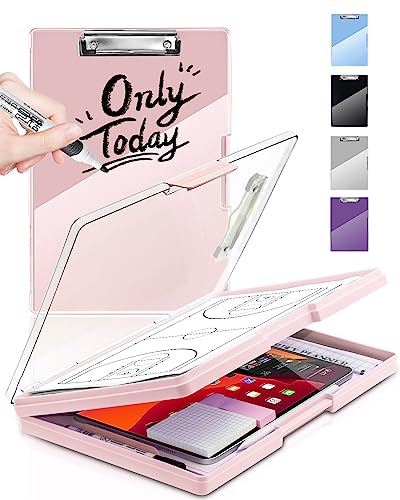 Clearview Clipboard with 2 Storage, Dry Erase 8.5x11 Heavy Duty ClipBoards - High Capacity Coaches Clip Board with Pen Holder - Side Opening Plastic Nursing Clip Case (Pale Pink) - color: Pale Pink