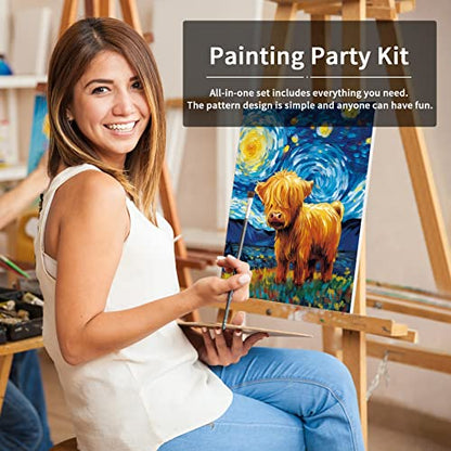 VOCHIC Canvas Painting Kit Pre Drawn Canvas for Painting for Adults Party Kits Paint and Sip Party Supplies 8x10 Canvas to Paint Starry Sky Highland Cow Art Set