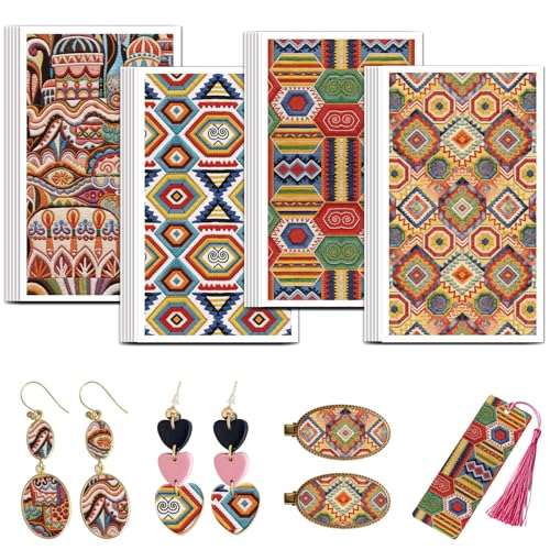 OLYCRAFT 24Pcs Ethnic Patterns Clay Transfer Paper 4 Design Colorful Transfers Paper for Polymer Embroidery Pattern Polymer Clay Transfer Sheets Small Ceramic Decal for Clays Earrings Jewelry Making - color: Ethnic