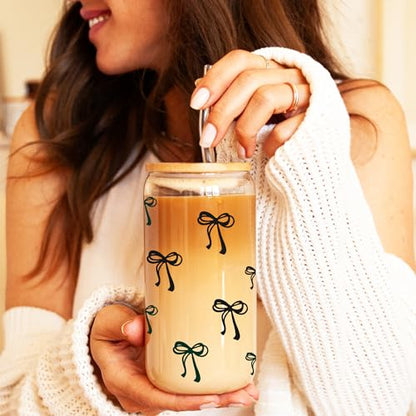 BIPEDS Cute Black Bow Glass Cup with Lid and Straws, Iced Coffee Smoothie Matcha Cup Tumbler, Birthday Gifts for Women Coffee Lover Teenage 13 14 15 16 17 18 19 years old Teen Girl Gifts Trendy Stuff - color: 04-Bow-Black