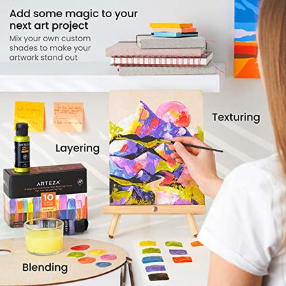 ARTEZA Iridescent Acrylic Paint Set, 10 Galaxy Tones, 60 ml / 2 fl oz Bottles, Shimmer Water-Based Paints for Canvas, Wood, Rocks, Fabric, Paper, and Mixed Media - style: 10 x 60ml (2 fl oz) Galaxy Tones