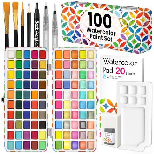 100 Watercolor Paint Set - Water Colors Paint for Adult, Beginners, Professional Artists | Watercolor Palette with Paper, Brushes, Pen | Travel Painting Kit, Art Supplies for Adults - size: 100 Watercolors Set