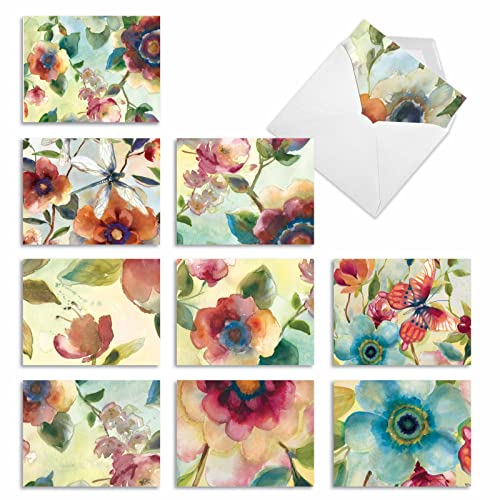 The Best Card Company - 10 Boxed Note Cards with Flowers - Blank Assorted Floral Notecards Bulk (4 x 5.12 Inch) - Watercolor Botanicals M3314 - style: Watercolor Botanicals