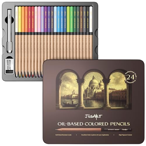 JusArt 24 Oil-Based Colored Pencils – Soft Core, Durable, Vibrant | Ultra-Smooth Oil Pastel Pencils for Adult Coloring, Portrait, Sketching, Landscape. Professional Drawing Pencils for Artists