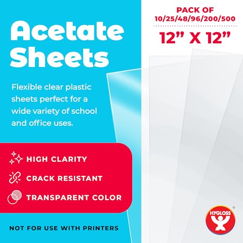 Hygloss 12" x 12" Acetate Paper - 7 Mil Clear Acetate Sheets for Crafts Projects, Cricut Stencil Sheets, Classroom Stencil Sheets, Reusable Transparent Clear Plastic Sheet (Not for Printers) 96 Pack - size: 12 x 12 inch, style: 96 Sheets