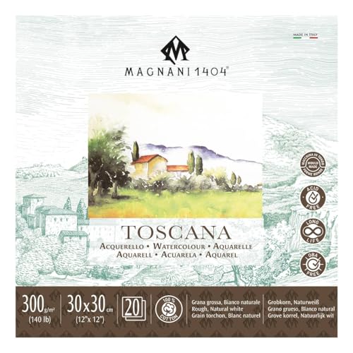 Magnani 1404 Toscana Rough 100% Cotton Watercolor Paper Pad, 20 Sheets,12x12, 140 lb, Acid-Free, UV Resistant, Deckled Edges, Vegan Sized Water Color Paper for Artists, Made in Italy - size: 12x12" Pad