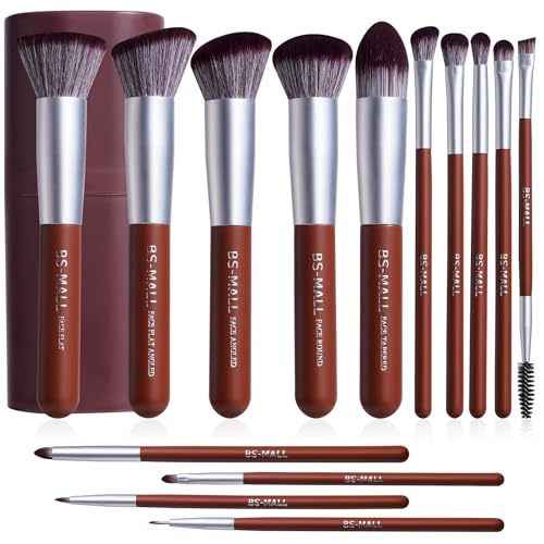 BS-MALL Makeup Brush Set 14 Pcs With Case - Foundation Brush, Concealer Brush, Blush Brush & Flawless Application – Complete Luxury Cosmetic Brush Kit For Travel & Daily Use (Brown) - color: Brown