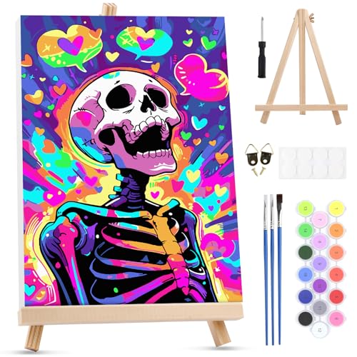MXJSUA Rainbow Skeleton Framed Paint by Numbers Kit for Adults Beginner with Wooden Easel, Adults' Paint-by-Numbers on Canvas, Easy DIY Acrylic Number Painting for Home Decor Gifts, 8x12 inch - color: Rainbow Skeleton
