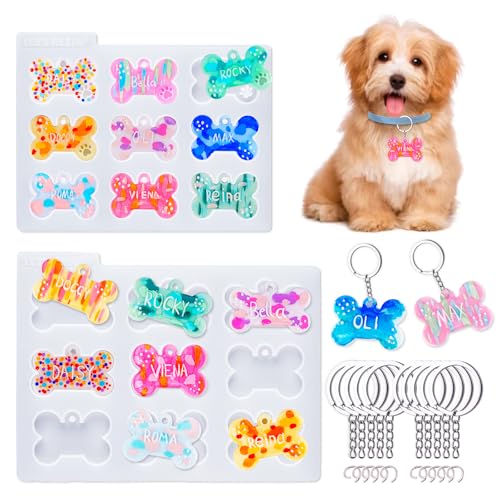 LET'S RESIN Pet Tag Resin Molds Silicone, Cat Dog Tag Molds for Epoxy Resin & UV Resina 2'' & 1.7'', Bone Shape Resina Keychain Molds with 10Pcs Key Ring & 10pcs Jump Ring, DIY Keychain Pendant Crafts - color: Pet Tag Resin Molds