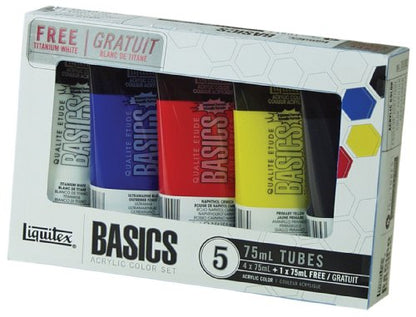 Liquitex Basics Acrylic Color Set, 4-pack of 75mL tubes with Bonus Titanium White - style: 5 Tube Set