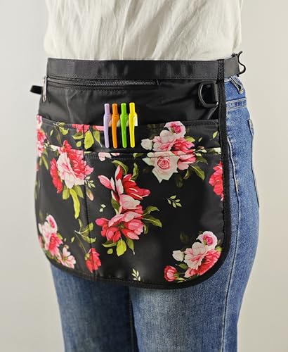Waterproof Server Apron for Women with 5 Pockets,Quickly Put on and Take off Waitress Aprons,Work Apron for Bartender Barista - color: Peony