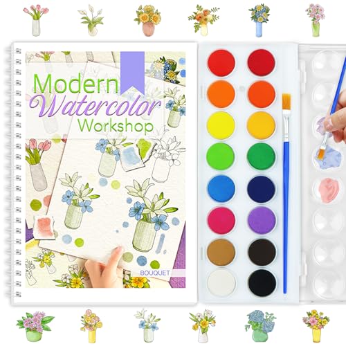 Beginners Watercolor Workbook for Adults -Step-by-Step Coloring Book Set-12 coloring book pages - Includes 16 color blocks and a brush - Professional Watercolor Paper: 300gsm/140lb (Bouquet) - style: Bouquet