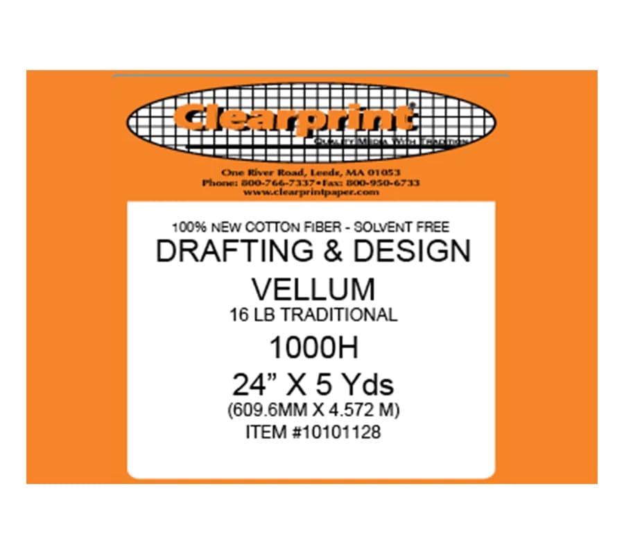 Clearprint 24" x 5 Yards 1000H Design Vellum Roll, 16 lb., 100% Cotton, 1 Each - size: 24 Inches W x 5 Yards Long, style: 16 lb.