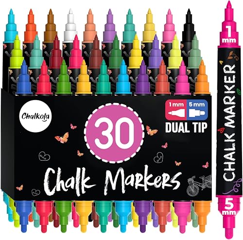Chalkola Dual Tip Liquid Chalk Markers for Blackboard - (30 Pack, 1mm Fine Tip +5mm Bold) | Wet Erase, Erasable Chalkboard Markers, Chalk Pen for Signs, Car Windows, Wall Calendar, Glass, Board - style: Dual Tip - 1mm+5mm