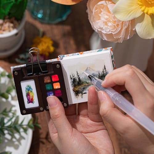 Qilery Mini Portable Watercolor Palette Set Wooden Grid Paint Box Watercolor Paper Sketch Book Brush Pens with Binder Clip for Painters Artist Not Include Paint(Blue Flowers) - style: Blue Flowers