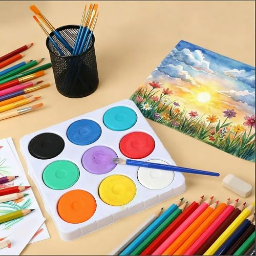Nuanchu 36 Pcs Tempera Paint Cakes with Tray 9 Colors 2.24 x 0.71 Inch Giant Tempera Paint Set Painting Cakes Tray Palette with Paintbrush Paints Blocks Adults Art Supplies Crafts Drawing Artists