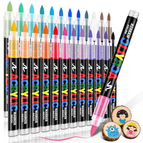 Acrylic Paint Markers Brush Tip 24 Colors, Water-Based Acrylic Colored Paint Pens No-Bleed Coloring Markers with Direct-Liquid Ink Control, Waterproof Acrylic Paint Pens for Rock Painting, Wood - color: 24 Colors