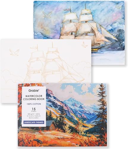Grabie Watercolor Coloring Book, 15 Sheets A5 (8.3 x 5.8),Watercolor Book for Adults: Ignite Your Artistic Expression on 100% Cotton Paper (Land-Scape) - color: Landscape