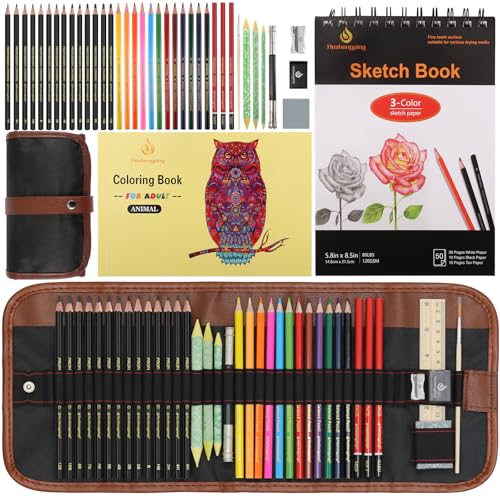 Heshengping, 41pcs Sketching Pencil Set Drawing Sketch Kit Graphite Charcoal Watercolor Pencils Blending Stumps 50page sketchbook, coloring book, Beginners Artist Teens and Adults - size: 41 Pack | Sketchbook & Coloring Book