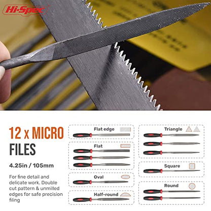 Hi-Spec 17 Piece Metal Hand & Needle File Tool Kit Set. Large & Small Mini T12 Carbon Steel Flat, Half-Round, Round & Triangle Files. Complete in a Zipper Case with a Brush - size: 17 pieces