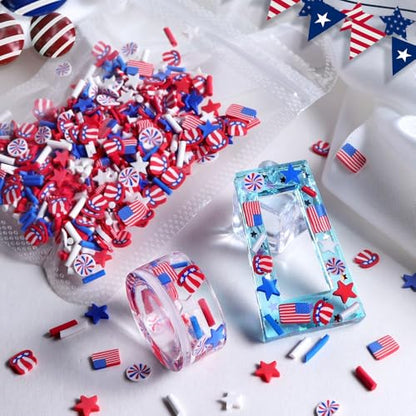 1250Pcs 4th of July Nail Art Slices for Nails Art American Flag Star Hat Polymer Clay Slices Nail Charms and Gems Flat Back Independence Patriotic Nail Rhinestones Memorial Nail Jewelry for DIY Crafts - color: red