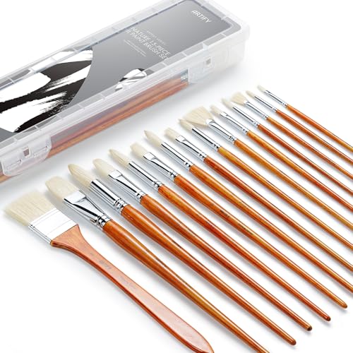 ARTIFY 15-Piece Professional Oil Paint Brush Set - Natural Hog Bristle, No-Shedding, Handcrafted by Masters for Oil/Acrylic/Gouache/Watercolor Painting (Includes Carrying Case) - color: Wood Color
