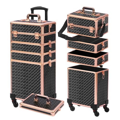 Somduy Rolling Makeup Case, Makeup Train Case with Lid, 5 in 1 Cosmetology Case on Wheels, Christmas Gift, Large Makeup Organizers, Profesional Cosmetic Case for Salon Barber, Black gold - color: Black gold