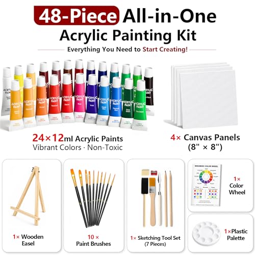 MISUMISO Acrylic Paint Kit for Beginners, 24 Colors Complete Painting Set with 4 Canvas Panels, 10 Brushes, Wooden Easel, Palette & Art Supplies, All-in-One Paint Set for Adults & Teens