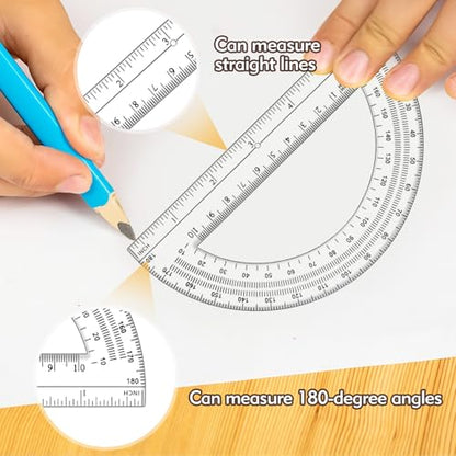 3 Pcs Plastic 12 Inch Ruler, Clear Protractor and Compasses Set for Student Geometry, Durable Transparent Drawing Measuring Rulers for School Office