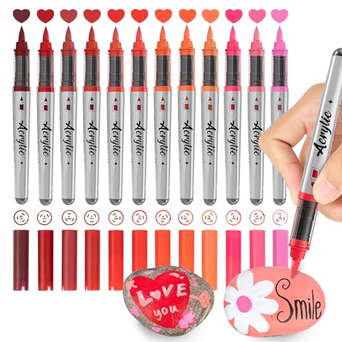 Woomer Acrylic Paint Markers 12 Red Colors Auto Flow Brush Pens | Lightweight, Good-Coverage Acrylic Ink for Smooth Layers + Easy Corrections with Less Buildup, Water-based Dries Waterproof - color: Red