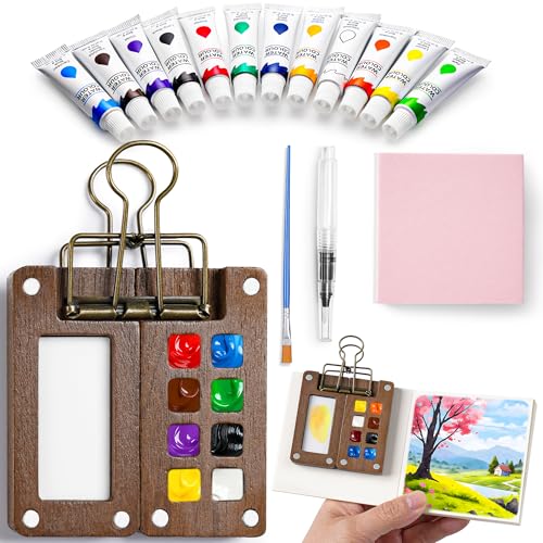 Mini Watercolor Paint Set, 12 Colors Portable Pocket Watercolour Travel Kit with 8 Grid Wood Paint Palette, Sketchbook, Metal Clip, Water Brush for Painters Artists Students - color: 8 Grids