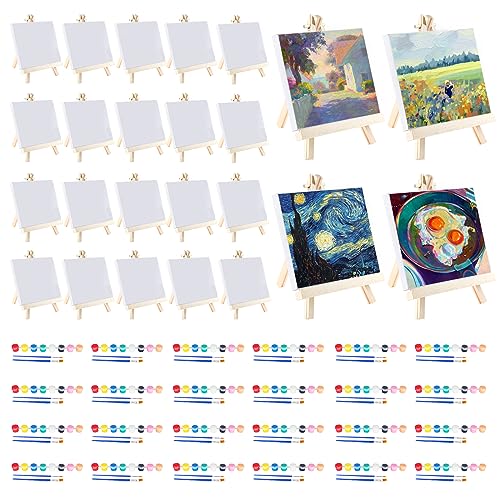 24 Set Mini Canvas Paint and Easel Set Art Painting Kits Includes 4x4 Inch Canvas Boards,Paint Brushes,8 Colors Acrylic Paint, Art Set Gifts, for Oil Painting Crafts Party