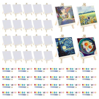 24 Set Mini Canvas Paint and Easel Set Art Painting Kits Includes 4x4 Inch Canvas Boards,Paint Brushes,8 Colors Acrylic Paint, Art Set Gifts, for Oil Painting Crafts Party