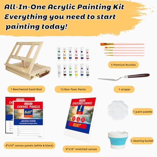 Portable Tabletop Easel Set 24-Piece Acrylic Paints Brushes Canvases | Non-toxic 12 acrylic paints, brushes, canvases & boards, travel-friendly wooden art kit for beginners - size: art easel box-24pk