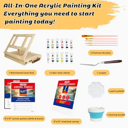 Portable Tabletop Easel Set 24-Piece Acrylic Paints Brushes Canvases | Non-toxic 12 acrylic paints, brushes, canvases & boards, travel-friendly wooden art kit for beginners - size: art easel box-24pk