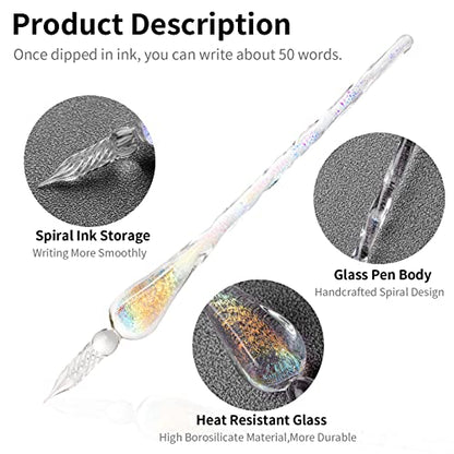 ESSSHOP Glass Dip Pen Calligraphy Fountain Pen Set - 12 Colors Ink Glass Washing Cup Pen Holder Handmade Rainbow Crystal Glass Ink Pen for Art Writing Drawing Signatures Christmas Gifts