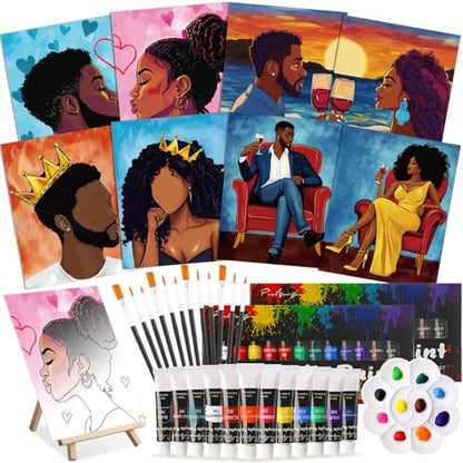 Cholemy 36 Pcs Paint and Sip Kit for Adults 8''x10'' Pre Drawn Canvas for Painting DIY Afro Acrylic Painting Kit Wood Easel Brushes Date Night Bulk for Summer 4th of July Party Gift(Couple) - style: Couple