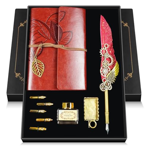 GrnVibe Feather Quill Pen and Ink Set,Antique Calligraphy Set with Leather Journal Notebook,Feather Pen,5 Gold Nibs,Pen Holder,Ink,Calligraphy Kits for Beginners Christmas Gift - color: Red