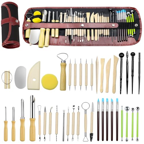 42 Pcs Pottery Tools Kit | Clay Sculpting Tools | Pottery Enthusiast Gifts | Stainless Steel & Wooden Handle | Portable Tools Set for Carving, Modeling, Shaping, Polymer | Ideal for Beginners, Artists