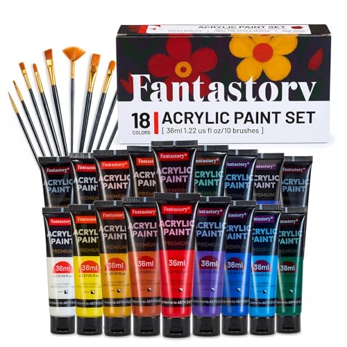 Fantastory Professional Acrylic Paint Set: 18 colors x 36ml, includes 10 brushes This set is designed for demanding projects on canvas, wood, stone, and especially for model building. - style: 18 Colors