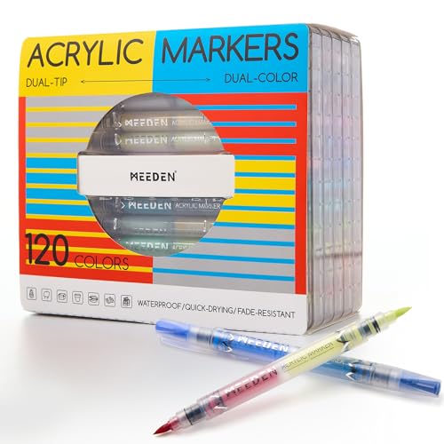 MEEDEN Acrylic Paint Markers Dual Tip: 120 Colors/60 Pcs Brush Tip Acrylic Marker with Automatic Ink Control for Art Supplies - Quick Dry Paint Pens for Rock, Wood, Glass, Easter Basket Stuffers - color: 120 Colors / 60 Pcs