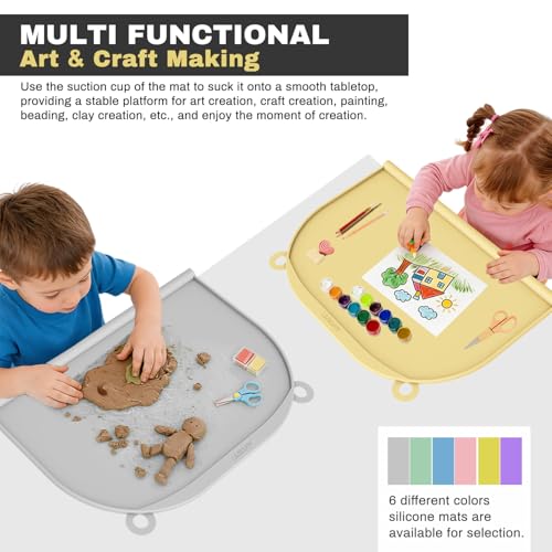 Large Silicone Suction Table Mat, 17" x 12" Thick Placemat with Edge-Bumper, Raised Edge Leakproof, Non-Slip for Kids Toddler Baby Essentials Dinning, Restaurant Eating, Plates, Art, Craft & Painting - color: Yellow