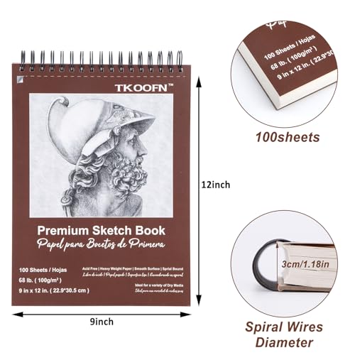 TKOOFN 5 Pack 9" x 12" Sketch Book Bulk (500 Sheet Total), Top Spiral Bound Premium Sketchbook Drawing Pads(68lb/100gsm), Acid-Free Painting Paper Drawingbook for Adults Kids Artists Beginners - color: 5 Pack, size: 9" x 12"