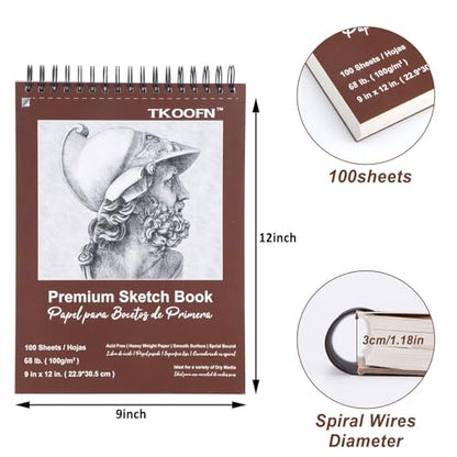 TKOOFN 5 Pack 9" x 12" Sketch Book Bulk (500 Sheet Total), Top Spiral Bound Premium Sketchbook Drawing Pads(68lb/100gsm), Acid-Free Painting Paper Drawingbook for Adults Kids Artists Beginners - color: 5 Pack, size: 9" x 12"