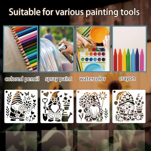 9 Sheets Flower Dwarf Elf Stencils for Painting, 9 Styles Gnomes Sunflower Wall Stencil Template Reusable Garden Gnome Stencils for Painting on Wall Wood Home Decor - style: Flower Elf