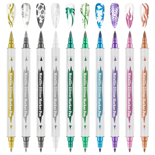10 Color Metal Giltter 3D Nail Art Pens Set, Kalolary Double-ended Nail Point Dotting Pen Drawing Painting Liner Brush for DIY Nail Art Beauty Adorn Manicure Tools(G) - color: G